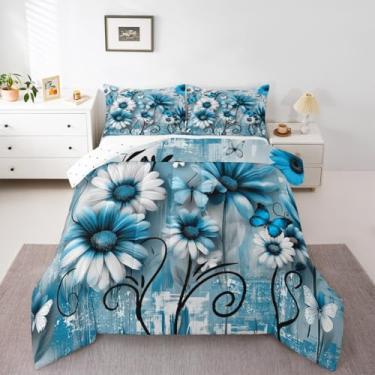 Imagem de Feelyou Conjunto de edredom rústico para adultos, solteiro, margarida azul, flores, borboleta, para meninos, meninas, adolescentes, arte abstrata, decoração de quarto