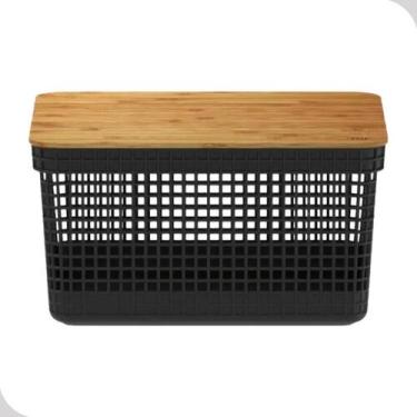 Imagem de Cesto Organizador 8L com Tampa de Bambu Linha Grid  Compacto e Sofisti