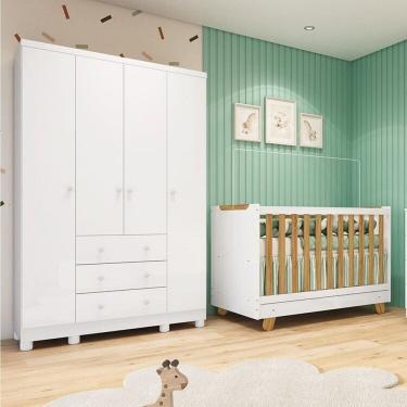 Imagem de Quarto de Bebê com Guarda-roupa 4 Portas e Berço 4 em 1 Minicama 100% Mdf Mike Espresso Móveis Branco Brilho/Amêndoa