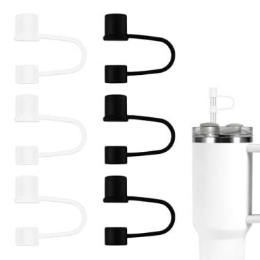 Imagem de 6 peças de tampas de palha de silicone para copo Stanley de 10 mm, pontas de canudo à prova de vazamento, tampa de canudo reutilizável para acessórios de copo Stanley (preto, branco)