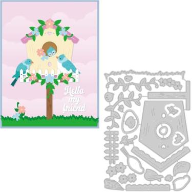 Imagem de Estêncil de matrizes de corte de aço carbono padrão de casa de pássaro, 15,7 x 11,2 cm, estampa de pássaro, estampa de pássaro, cor fosca de platina para artesanato faça você mesmo, álbum de fotos