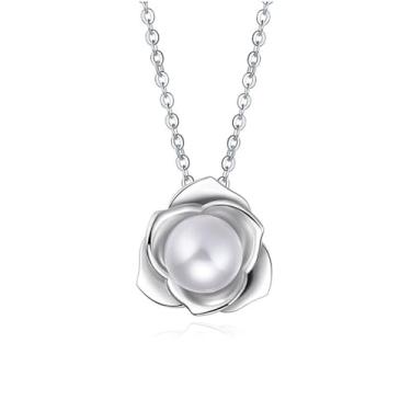 Imagem de Colar feminino com pingente em forma de flor de pérola, banhado a prata, elegante, ajustável, moderno, joia delicada, presente