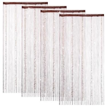 Imagem de VavoStocks Pacote com 4 cortinas decorativas com contas para porta, divisória de quarto com franjas penduradas, painel de parede, boho, borla, tela com 5 fileiras de contas para porta janela e armário