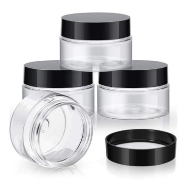 Imagem de 4 frascos redondos de plástico à prova de vazamento, mini frascos com tampas para armazenamento de viagem, maquiagem e produtos de beleza