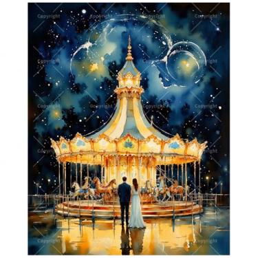 Imagem de Kit Fantasy Paint by Numbers para adultos - Carrossel DIY à noite com pintura de casal em tela 40,6 x 50 cm, conjunto de tinta acrílica, adequado para iniciantes, arte para decoração de casa ou