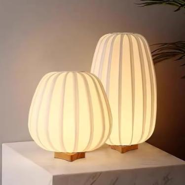 Imagem de Luminária Abajur Estilo Oriental Moderna, LED com 3 Temperaturas de Luz, Base em Madeira, Cúpula em Tecido Branco, Bivolt (Al)