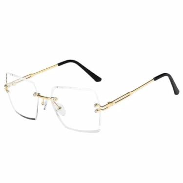 Imagem de JRLLFD Óculos de sol de luxo sem aro, feminino, armação de metal, masculino, proteção UV400 para dirigir ao ar livre (dourado transparente)