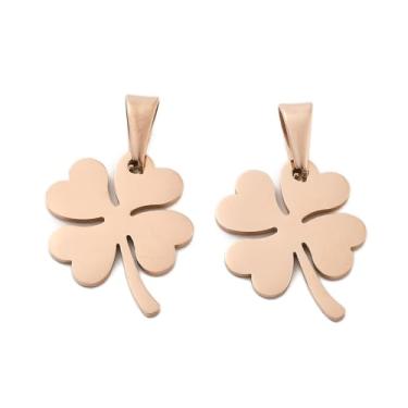 Imagem de 10 pingentes de trevo de aço inoxidável ouro rosa de São Patrício, pingentes de trevo de trevo de quatro folhas planos, pingentes de metal com fecho de pressão para brincos faça você mesmo, colar de