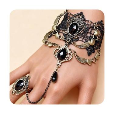 Imagem de Pulseira de renda gótica com anel de dedo elegante pulseira vintage com anel rosa conjunto de anéis de dedo joias de Halloween, One Size, Aço inoxidável, Sem Pedra Preciosa