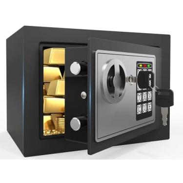 Imagem de PATRON Cofre pequeno para dinheiro com código e chaves, mini cofre sólido para crianças com teclado eletrônico digital de segurança para hotel de escritório em casa, cofres de dinheiro para dinheiro