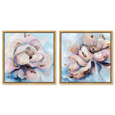 Imagem de Blush Pink Whimsy Conjunto de 2 painéis impressão em tela floral arte de parede por Art Remedy, moldura dourada, 50 x 50 cm
