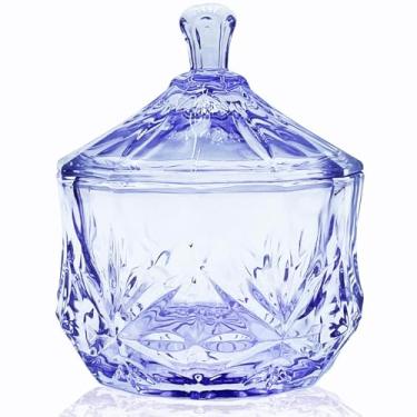 Imagem de EWEIGEER Prato de vidro de 227 g com tampa, pequeno pote de cristal para doces de Halloween, suporte redondo de algodão, escritório, banheiro, organizador de sala de jantar (roxo)