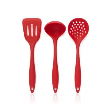 Imagem de KIT 3 UTENSILIOS COZINHA SILICONE VERMELHO CONCHA ESPATULA ESCUMADEIRA PREMIUM RESISTENTE ATE 230°C NÃO RISCA PANELA