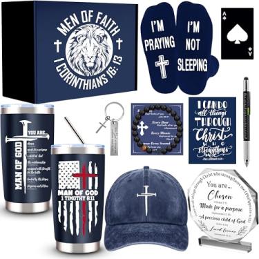 Imagem de 10 peças presentes cristãos para homens, fé, presentes religiosos inspiradores, presente católico com copo de 590 ml, versículos da Bíblia, chapa de cristal, meias e pulseiras chaveiro para marido