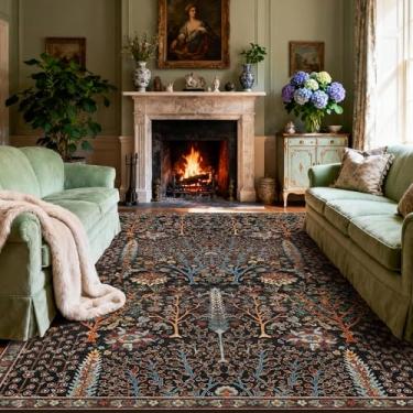 Imagem de Kokia Tapetes Boho vintage floral para árvores, tapetes botânicos orientais laváveis para sala de estar, quarto, sala de jantar, escritório, tapete grande macio para área interna, preto e vermelho