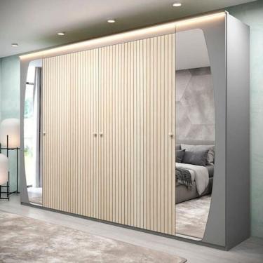 Imagem de Guarda Roupa Casal com Efeito Ripado, Espelho e LED 6 Portas 6 Gavetas Inovação Gelius Móveis Cinza/Off White Ripado