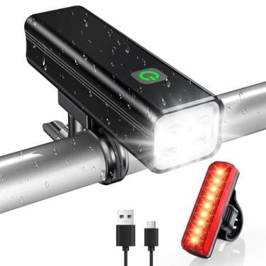 Imagem de WOCBUY Luzes de bicicleta, 1200 lúmens, recarregável por USB, conjunto de luzes de bicicleta super brilhantes, luz traseira frontal e traseira, lanterna de bicicleta de liga de alumínio, 5 modos de