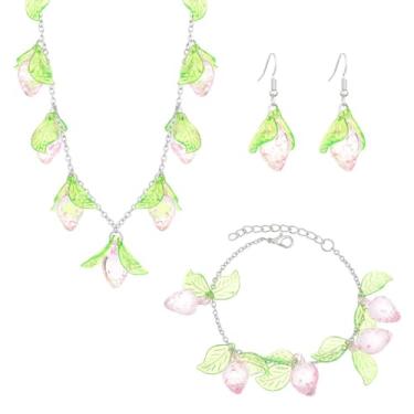 Imagem de Zhang shine Conjunto de joias 3D de morango e cereja para mulheres simulação adorável de morango doce cereja fruta pingente colar pulseira brincos festa de aniversário joias estéticas, One Size, Zinco