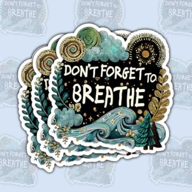 Imagem de 3 adesivos Don't Forget to Breathe, cena inspiradora da natureza com céu, floresta e ondas, decalque de vinil à prova d'água para laptop, garrafa de água, caderno – Presentes para mindfulness e almas