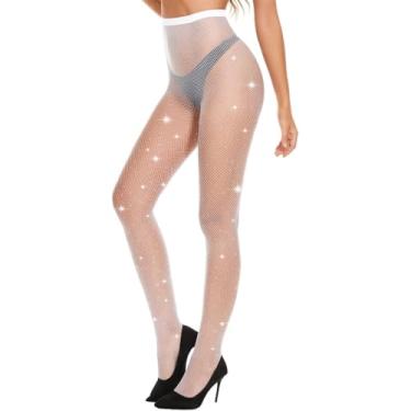 Imagem de Meia-calça arrastão feminina com strass - meia com glitter de cintura alta (branca), Branco, tamanho �nico