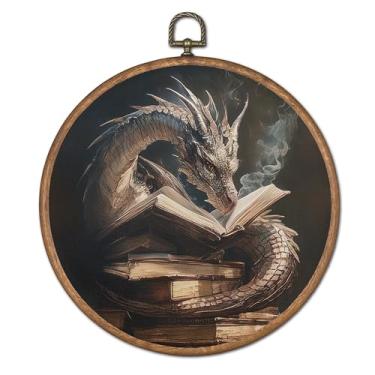 Imagem de TopXmai Fantasia livro dragão redondo decoração de parede, arte de parede Dark Academia Bookish Canvas emoldurada, amante de livros místicos, decoração de parede para leitura de biblioteca, canto de