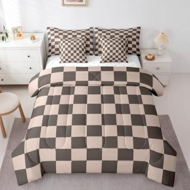 Imagem de Feelyou Jogo de cama quadriculado retrô de 7 peças, adolescentes, mulheres, homens, xadrez, marrom, gradiente, com lençol de solteiro, geométrico, vintage, moderno, simples, decoração de quarto