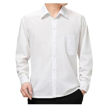 Imagem de Camisa social masculina de cor lisa, ajuste regular, manga comprida, formal, sem rugas, com, Branco, XX-Large