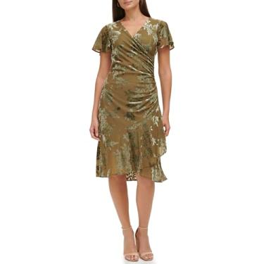 Imagem de Kensie Vestido midi feminino com manga esvoaçante gola V veludo burnout falso, Oliva, 42