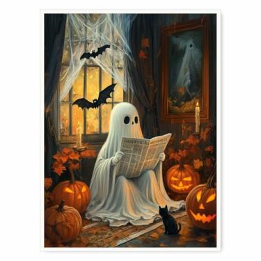 Imagem de Arte de parede Ghost Halloween – Pôster assustador fofo com lanternas de abóbora, gato preto e espírito de jornal, tela engraçada para quarto de outono ou decoração de entrada aconchegante 30 x 40 cm