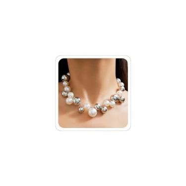 Imagem de Colar de pérolas grandes para mulheres, delicado banhado a ouro 14K, colar gargantilha de pérolas grandes para formatura, casamento, dama de honra, presentes (prata grossa)