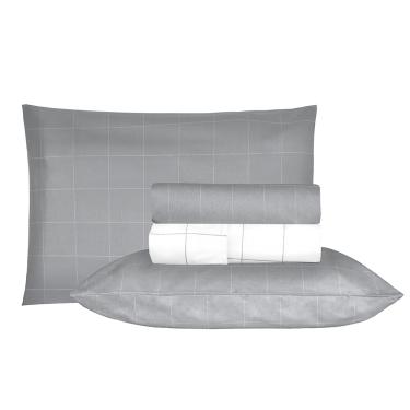 Imagem de Jogo de Cama Duplo Casal 4 Peças Percal 180 Fios Grid Cinza Sonhare Prata