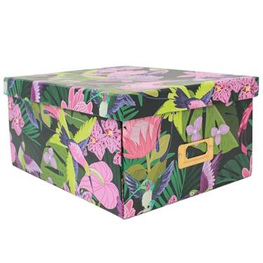 Imagem de MIZFRUZZY Caixa de armazenamento decorativa com tampa, caixa de lembrança de papelão e papelão, verde, dobrável, floral tropical com beija-flores, caixa de armazenamento de fotos para memória