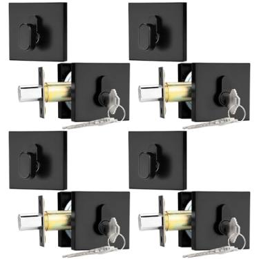 Imagem de Probrico Fechaduras de cilindro único com chave (pacote com 4) Fechaduras de entrada e porta da frente Conjunto quadrado preto com as mesmas chaves, ferragens antifurto para portas internas e externas