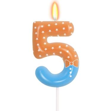 Imagem de Vela de aniversário de 5 anos azul laranja para meninas e meninos - vela número 5, decorações de bolo, tema de animação iluminada infantil, velas de aniversário com tema de desenho animado infantil