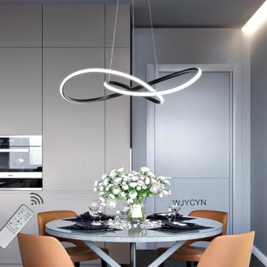 Imagem de Luminária de mesa de jantar regulável com 3 anéis de LED, preta, pendente para sala de jantar, design moderno, Ø60cm 58W com controle remoto, lustre de mesa de jantar com altura ajustável, l