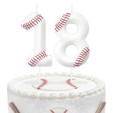 Imagem de Velas de aniversário número 18 de beisebol, topo de bolo com tema de beisebol para meninos e meninas, decorações de bolo para aniversários, suprimentos de festa com tema esportivo, velas para