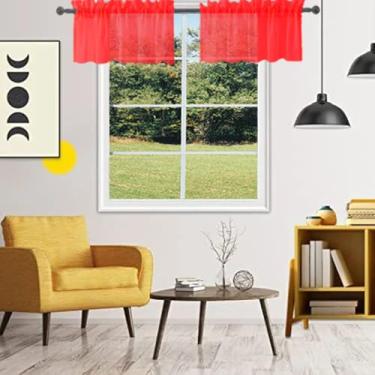 Imagem de Ladity Conjunto de 2 painéis de sanefa vermelha de Natal para janelas com filtro de luz para quarto e cortina de cozinha transparente