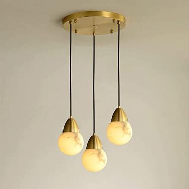 Imagem de UKJKHGGFA Candeeiro suspenso em mármore natural, candeeiro suspenso pequeno para mesa de cabeceira com ecrã esférico, candeeiro suspenso de teto de latão, luzes pendentes de altura ajustável (C)