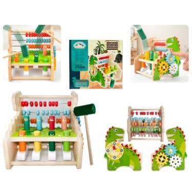 Imagem de Bancada Multifuncional Educativa Montessori com Ábaco, Relógio, Engrenagens e Toupeira, Martelo Incluído, para Crianças Acima de 3 Anos