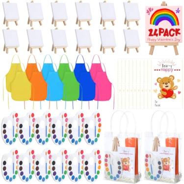 Imagem de AmazingSpark 24 Set Valentine's Day Mini Watercolor Paint Set Bulk with Easel, Canvas, 12 Colors Watercolor Palette, Brush, Clear Bag, Gift Card, Painting Apron for Party Art Supplies(Classic Color)