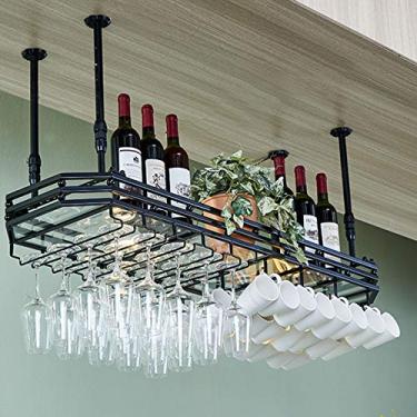 Imagem de Prateleiras de vinho modernas montadas na parede para pendurar no teto | Suporte de taça de vinho suspenso de madeira de metal | Suporte para garrafa de vinho em cubo | Acessórios de decoração de bar