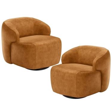 Imagem de Kit 02 Poltronas Decorativas Giratória Orgânica Sala Living Barolo L06 Couríssimo Whisky - Lyam Decor