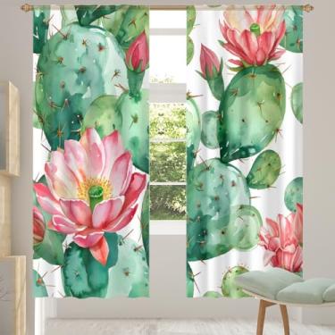 Imagem de 2 conjuntos de painéis de cortinas translúcidas retrô de flor de cacto, cortinas transparentes arejadas com filtro leve, painéis de cortina de porta e janela para sala de estar, quarto, jantar, 192 cm