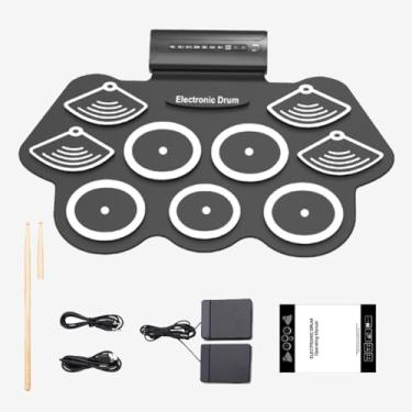 Imagem de Bateria Eletrônica Portátil com 9 Pads e Pedal, Dobrável, 10 Demos e 7 Estilos de Ritmo
