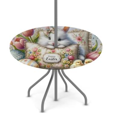 Imagem de hongjinglin Toalha de mesa de Páscoa para uso ao ar livre com orifício para guarda-chuva, toalha de mesa redonda elástica com zíper, impermeável, limpável, para piquenique, festa, pátio, serve para