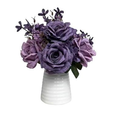 Imagem de LZTDRZH Arranjo de rosa roxa artificial em vaso de cerâmica branca, flores de seda de 25 cm com folhagem, buquê floral contemporâneo moderno para casa, escritório, decoração de casamento