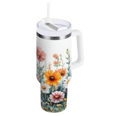 Imagem de ATTX Copo de flores silvestres aquarela de 850 g com alça, copo de aço inoxidável a vácuo de parede dupla com palha, caneca de café de viagem isolada #120