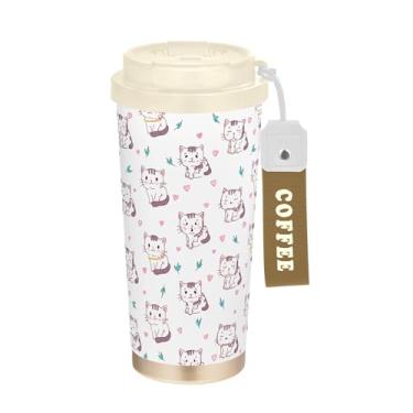 Imagem de SEHANY Caneca de viagem de gato gatinho fofo de 482 g xícaras de café reutilizáveis revestidas de cerâmica com tampa à prova de vazamento, parede dupla, isolamento a vácuo, copo de café de aço