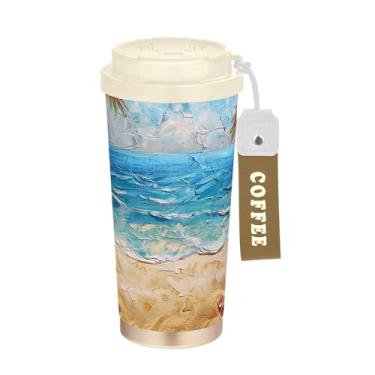 Imagem de SEHANY Caneca de viagem Summer Sea Beach Starfish 482 g Copos de café reutilizáveis revestidos de cerâmica com tampa à prova de vazamento, parede dupla, isolamento a vácuo, copo de café de aço