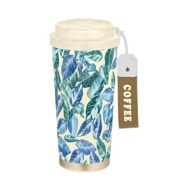Imagem de SEHANY Caneca de viagem Green Leaves de 482 ml Copos de café reutilizáveis revestidos de cerâmica com tampa à prova de vazamento, parede dupla, isolamento a vácuo, copo de café de aço inoxidável para